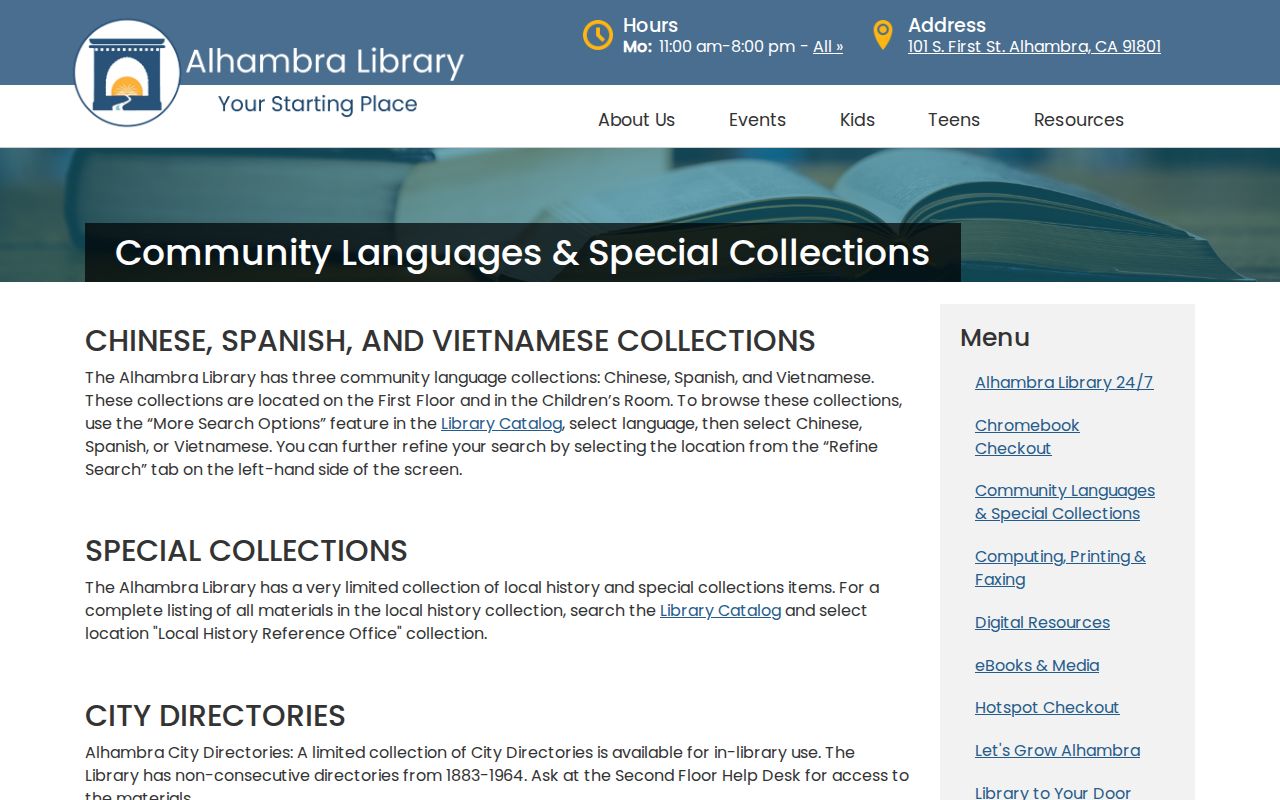 Alhambra residents directory Civic Center Library local history collection