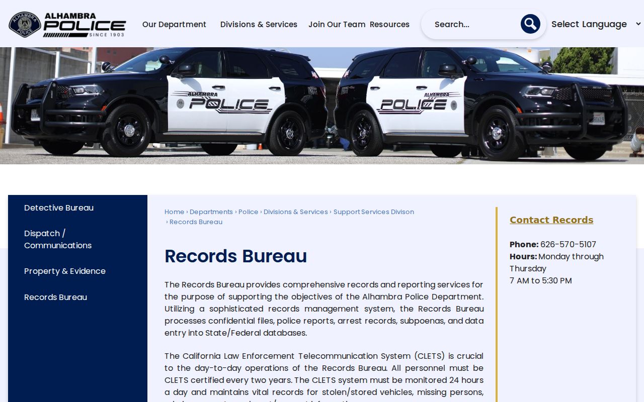 Alhambra neighbors Police Records Bureau public record route
